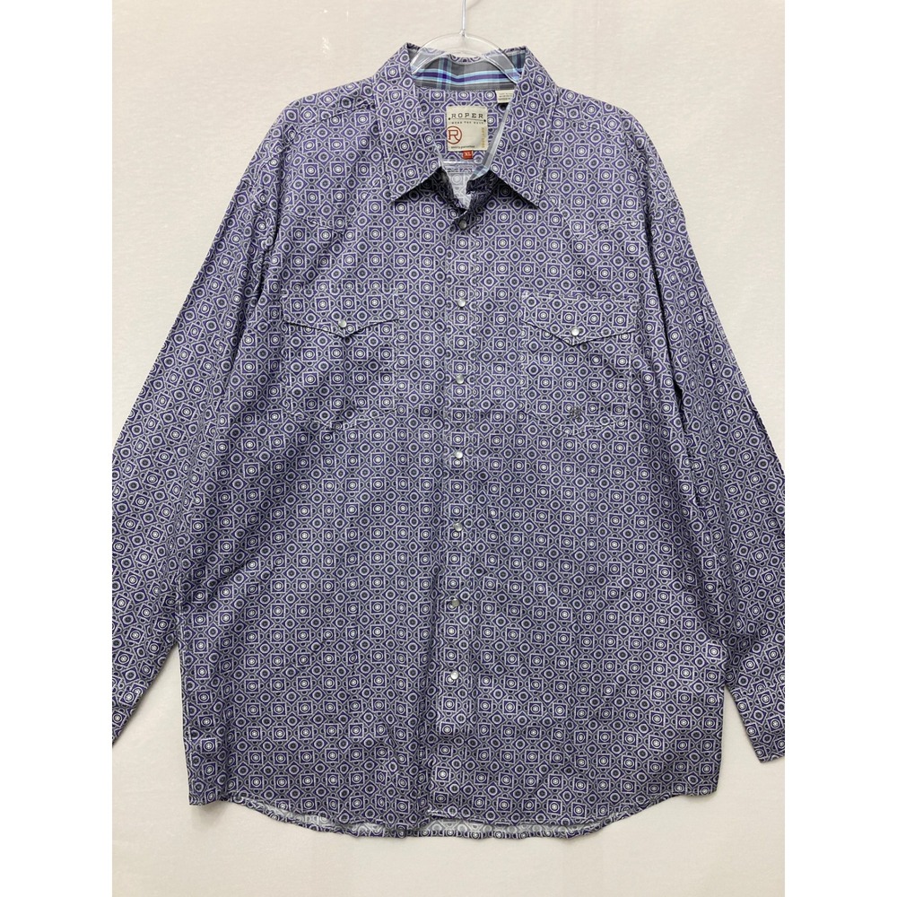 Roper Mens Shirt XL Long Sleeve Pearl Snap Western Geometric Print Purple White